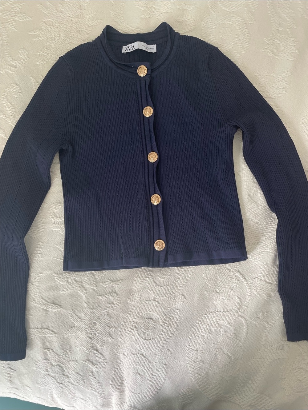 Zara Navy Knit Cardigan with Gold Medallion Buttons